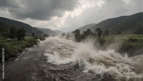 Raging River Flooding Through a Mountain Valley Under Stormy Skies.