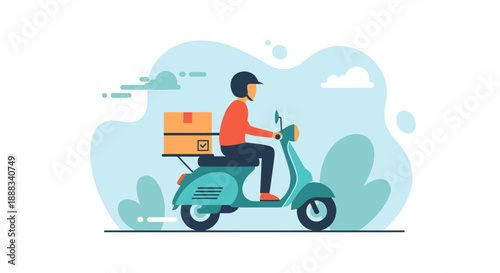 Delivery person riding a scooter with packages in a serene outdoor environment viewed from the side