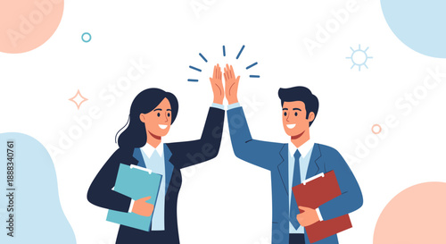 Two professionals, a man and woman, celebrating success with a high-five gesture, holding folders and standing together in a friendly atmosphere.