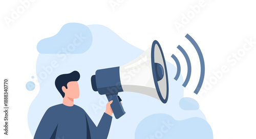 Man using megaphone to make loud announcement in graphic illustration style from a side viewpoint