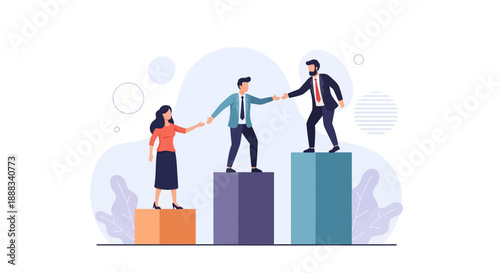 Three business professionals connecting on ascending platforms illustrating teamwork and collaboration in a modern corporate environment from an isometric viewpoint