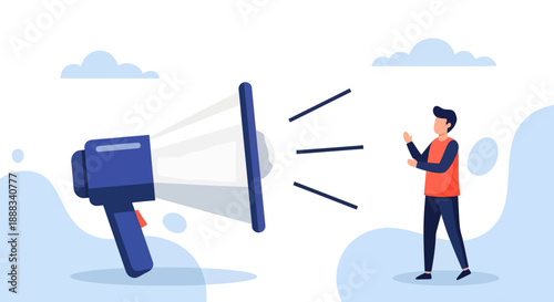 Man standing near giant megaphone shouting loudly, using loudspeaker to amplify voice, standing outdoors in cloudy weather