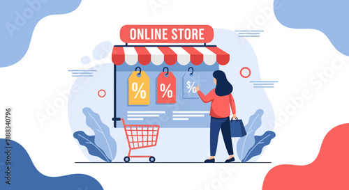 Woman shopping online with discounts on a digital storefront display with shopping cart and percentage signs