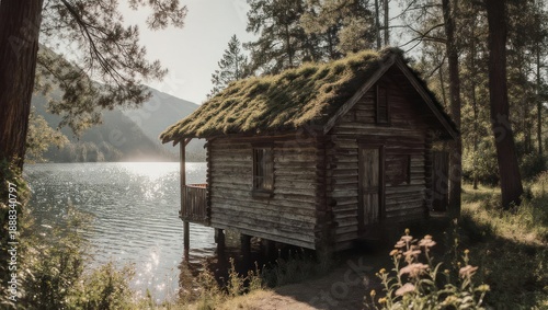 Rustic Log Cabin Nestled by a Serene Lake in a Lush Forest.
