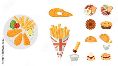 Assorted British Fast Food Items and Snacks.