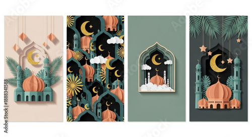 Ramadan Decorative Islamic Architecture Elements Featuring Mosque Domes and Crescent Moons in Artistic Graphic Panels