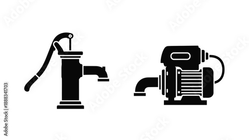 Two vintage water pumps displayed in a stark black silhouette