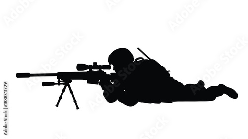 Prone sniper aiming with rifle detailed black shape silhouette