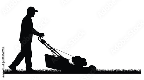 A man mowing the lawn depicted as a dark outline silhouette
