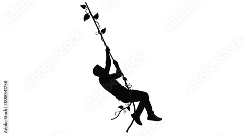 A person swinging from a vine depicted in stark black silhouette