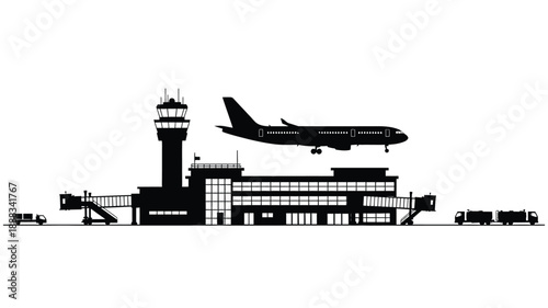 Airport building and airplane in a striking black silhouette