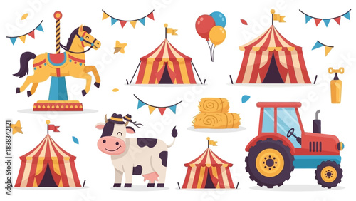 Colorful Cartoon Farm Animals and Tractor.