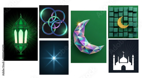 Ramadan and Islamic Cultural Elements Featuring a Traditional Lantern, Crescent Moon, and Mosque Symbol