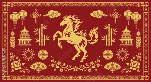 Golden Horse Illustration with Traditional Lanterns and Floral Motifs in Cultural Setting