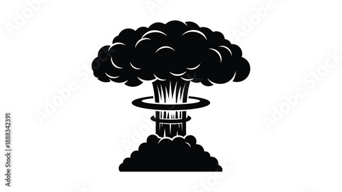 Atomic mushroom cloud explosion graphic in stark black silhouette