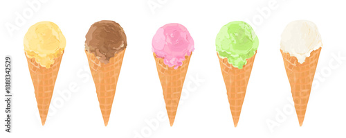 Vector hand drawn illustration set of cartoon ice cream scoop with different topping in waffle cone. Sweet summer dessert isolated on white.