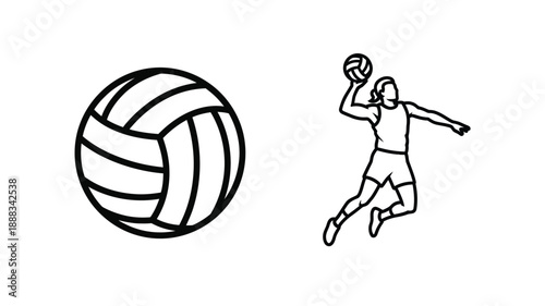 Volleyball player jumping to serve with ball black outline silhouette