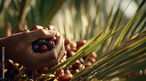 Hands holding fresh dates amidst palm fronds in a lush plantation scene
