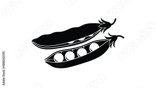 Open pea pod displaying seeds a striking black silhouette