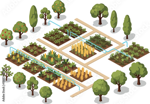 Isometric Illustration of a Farm with Trees, Vegetables, and Irrigation