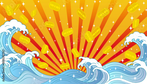 Japanese gold coins Koban falling on big catch flag style waves background. Business prosperity and fortune vector illustration.

