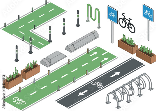 Isometric Bicycle Lane Elements Bike Racks, Paths, Signs & Greenery