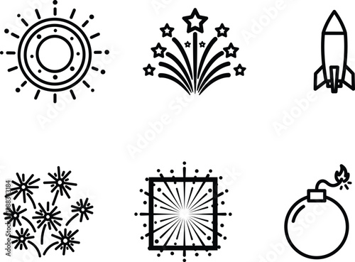 black and white icons of various explosive and celestial objects and a rocket ship