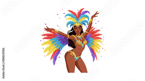 Beautiful Brazilian carnival dancer woman in feathered costume