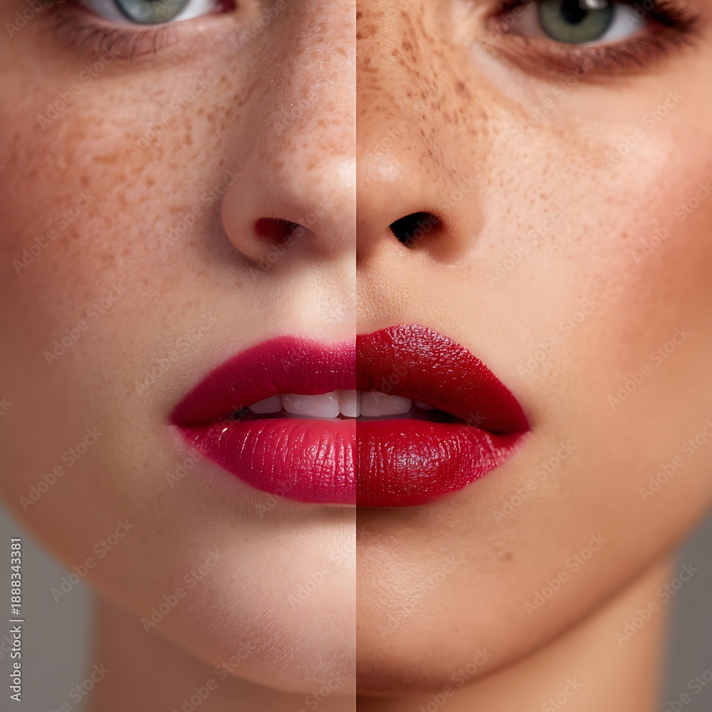 Fototapeta premium Before and after lipstick transformation from natural to bold look.