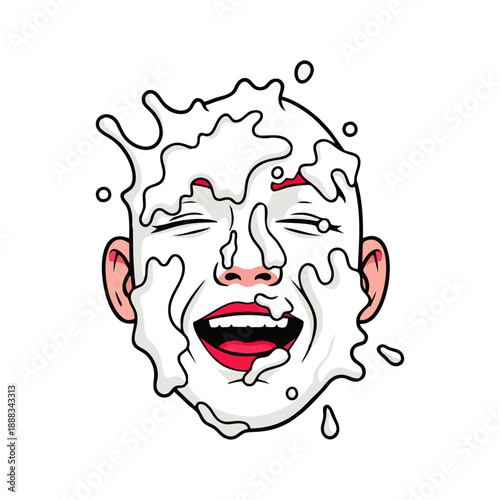 Cartoon illustration of a man's face covered in white liquid with a shocked expression on a plain white background.