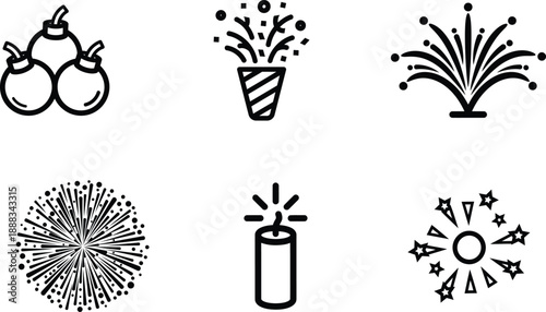 black and white illustrations of various fireworks and bomb objects