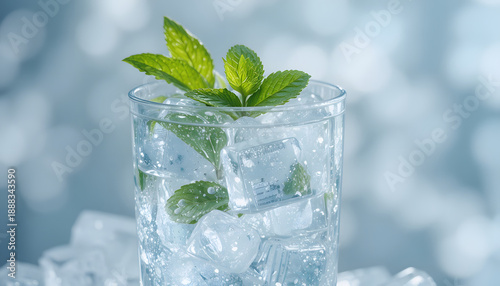 Glass of water with mint leaves and ice cubes on table