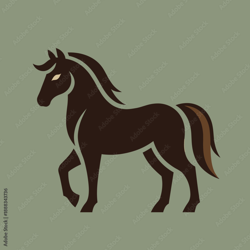 Obraz premium Stylized dark brown horse illustration with a lighter mane and tail, standing elegantly on a muted olive green background.