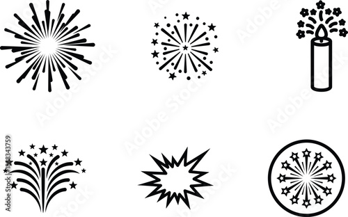 fireworks explosion icons in black and white for celebrations and events