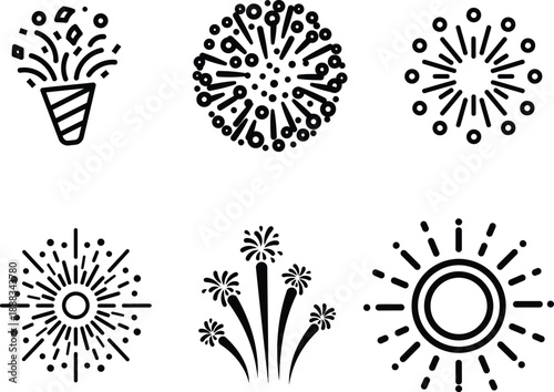 fireworks explosion icons in black and white for celebrations and parties