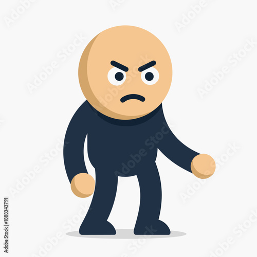 Simple cartoon illustration of an angry bald character with a dark blue body, standing and looking forward with a frustrated expression.