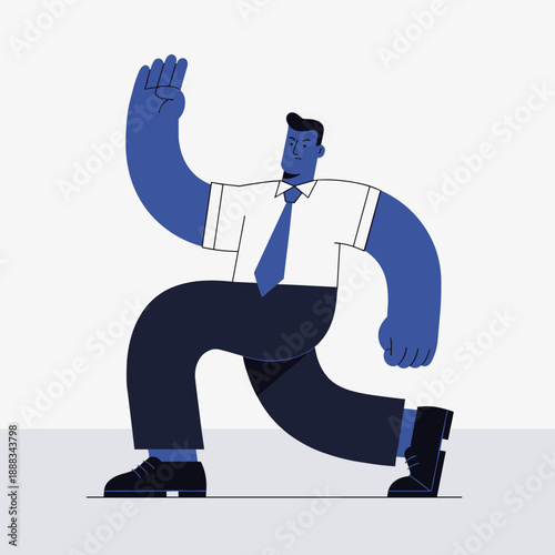 Stylized blue man in business attire striking a dynamic, powerful pose, representing determination and action and forward movement.