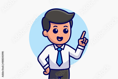 Cartoon businessman character pointing finger up with a happy expression.