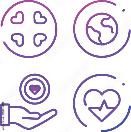 Four icons representing love communication happiness and global connection

