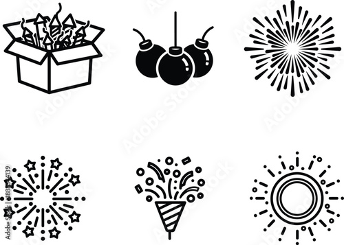 fireworks icons with bomb and box of fireworks and various explosion effects
