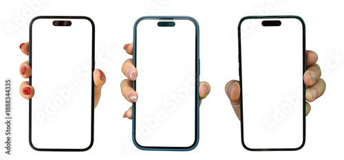 Konstfotografi Three smartphones held in hands with blank screens isolated on white background for app mockup use