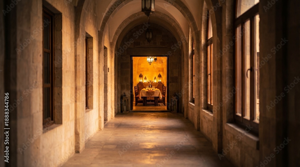 Obraz premium Historic Stone Archway Corridor Leading to a Warmly Lit Luxury Dining Room