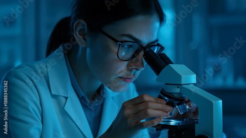 Focused Female Scientist Researching with Microscope in Modern Blue Biological Laboratory Interior