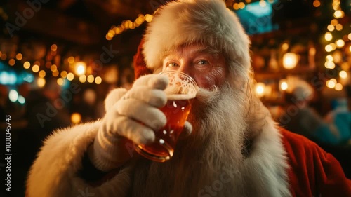 Title Happy Santa Claus holding a glass of beer and drinking in a cozy decorated Christmas pub background