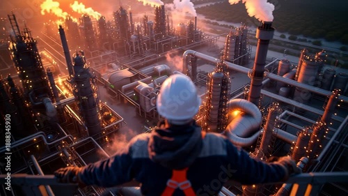 Worker in Safety Gear Overlooking Vast Industrial Plant with Cinematic Zoom Out at Sunset