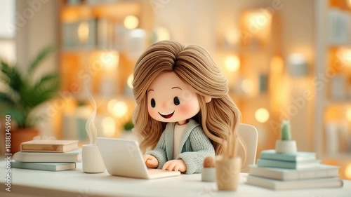 3D Cartoon Woman Smiling Working on Laptop in Hygge Cozy Home Office Setup