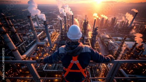 Worker in Safety Gear Overlooking Vast Industrial Plant with Cinematic Zoom Out at Sunset