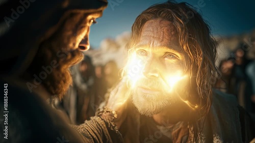 Jesus Christ healing a leper by touching his face with divine light and compassion