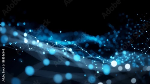 Abstract Blue Glowing Digital Data Network with Connected Plexus Lines and Floating Bokeh Particles