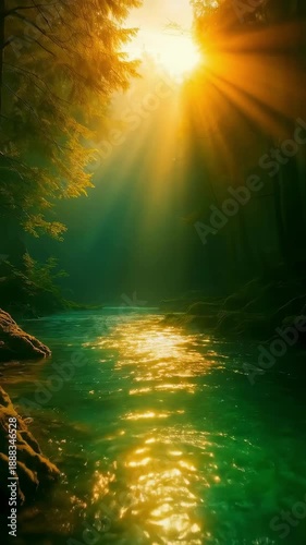 Enchanted Forest Landscape with Magical Sun Rays over Emerald River, Peaceful Paradise Nature Scene with Light Beams